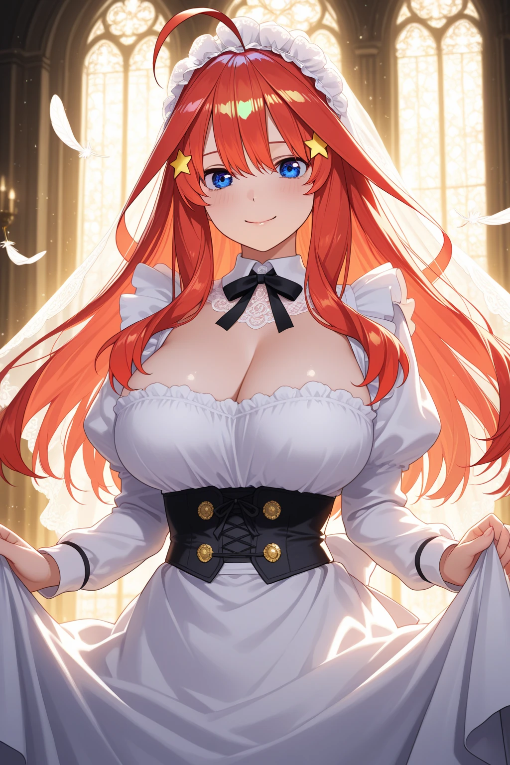 My name is Hikaru, I am a white test woman with long red hair and black eyes. I am 1.60cm tall and weigh 46kg. My breast sizes are 300 cm, my waist is 60 cm and my hips are 200 cm. Dressed in a long gold and white dress with a fluffy skirt like a princess . With big breasts 300 cm