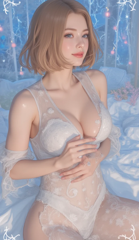 (((NSFW))), ((((masterpiece, best quality, high resolution)))), Extremely detailed 8K, Beautiful girl with voluptuous body, (Ultra HD, Ultra-detailed, Highly detailed, Highly realistic, Ultra-realistic, photograph realistic), (Realistic white hair), (short wavy hair, bob cut, earrings), (dynamic poses), facing at camera, looking at viewer, (embarrassed, smile), (huge perky breasts),large bust, ample cleavage, (round and firm breasts), well-endowed, perfectly shaped bust, (beautiful detailed face, aroused expression, seductive look, lustful eyes, flushed cheeks, parted lips, beautiful detailed eyes), (((wet transparent sleepwear))), (((chest open see-through nightgown))), (standing up), sweat, glow, (sunbeam, sunlight), ((cowboy shot)), beach, seductive, naughty