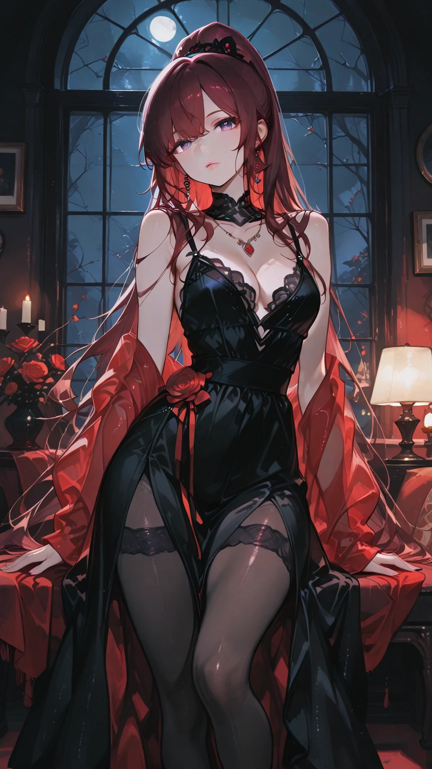 (masterpiece), best quality, expressive eyes, perfect face, elesis, bare shoulders, black gloves,(big breasts:1.3),cleavage,(red and black intricate ball gown :1.4),garter belt,asymmetrical leg wear, red moon scenery,rose petals in the air,(night:1.1),sexy pose,bewitching pose,standing,head tilt,cowboy shot