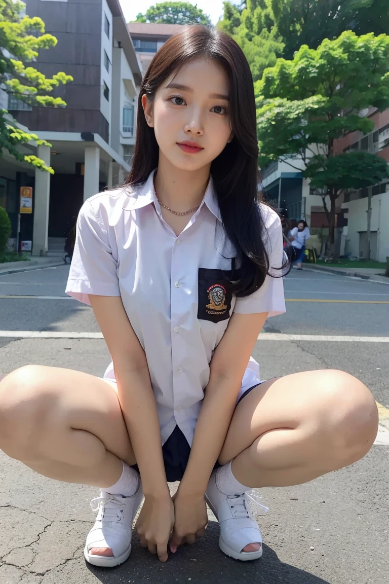 RAW, Best quality, high resolution, masterpiece: 1.3), Beautiful young indonesian girl with short wavy hair, big , sex pose, squat sitting showing vagina, open legs showing vagina, porn, creamy vagina, squirting, dildo on vagina, on a top, ((senior high school clothes)), orgasm, highres, 4k, HDR, 1girl, realistic, big breasts, short wavy hair, ((whole body)) turning away facial at viewer, closeup, school building background.