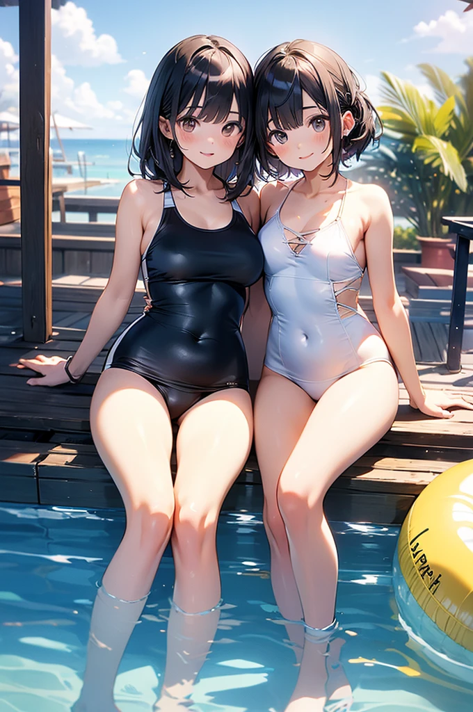 Two young beautiful women,(Highest quality,Extremely detailed depiction,Incredibly absurd high resolution,Anatomically accurate depiction,Two lovely hands, Five perfect fingers,Curvy Legs),(Glowing Skin,Shiny skin,Oilskin),Holding a glass of alcohol,Latex Swimwear,There is cleavage in the chest,Glossy Lips,In the pool,Happy smile,Sweat,background:Pool Party,blue sky
