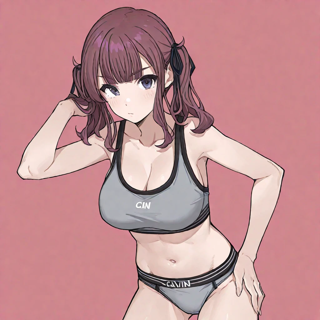 girl, solo, cover art, red hair, blunted bangs, twintails, long hair, gradient eyes, two tone eyes, choker, athletic shorts, midriff, perfect skin, perfect lighting, white background, simple background, :o, surprise, skin_fang, cleavage, dynamic pose, skindentation, groin, line art, sketch, large breasts, cleavage, hair ornament, collarbone, arms behind back, spandex sports bra, cell shading, blush,<lora:homebrew_oimo-000006:0.9>, short, shortstack,