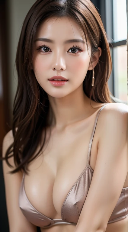 nsfw, 8K raw photo, Best quality, masterpiece, ultra high res, film grain, filmg, 1girl, looking at viewer, natural skin texture, realistic eye and face details, full lips, lipstick, (makeup), red eyeshadow, fluffy short hair, messy hair, smile, close mouth, beautiful legs, tall female, skinny, slim_legs, solo, enormous breasts, cleavage, Pose with buttocks facing you, ultra short skirt, ass, shirt, chocker, beautiful nature location, around flower location, (detailed background), plaid skirt, white shirt, enormous breast, cleavage, Show a little cleavage through the shirt, loafers, blurry background, blurry, holding, plaid, short sleeves, jk ribbon on the neck, jk ribbon, brown hair, bracelet, water, bangs, school uniform, jewelry, parted lips, lips, from side, pleated skirt, depth of field