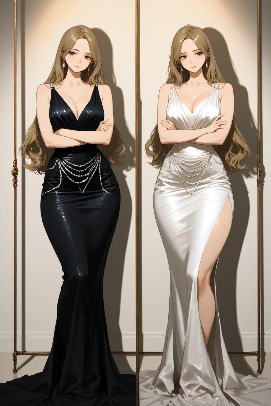 Two women in dresses standing side by side in a hallway, シルキーcovered in gold, Golden Dress, covered in gold, Gold Silk, Elegant evening dresses!, Aodai, Elegant gold body, シルキーパープルとcovered in gold, In Ram Man style, Golden Goddess, Golden Robe, Wearing a long gown, Golden Clothes, Golden hues appear naturally