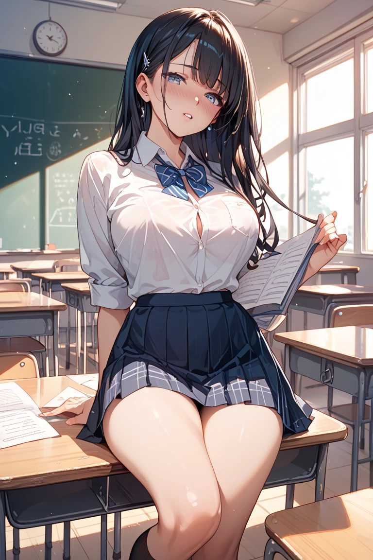 Italian girl, 25 years old, very long loose brown hair, super super giant breasts, wearing a white shirt wearing a black pleated miniskirt, a black lace bra, hair covering her breasts, bare feet, school classroom, wet breasts , standing in front of the blackboard