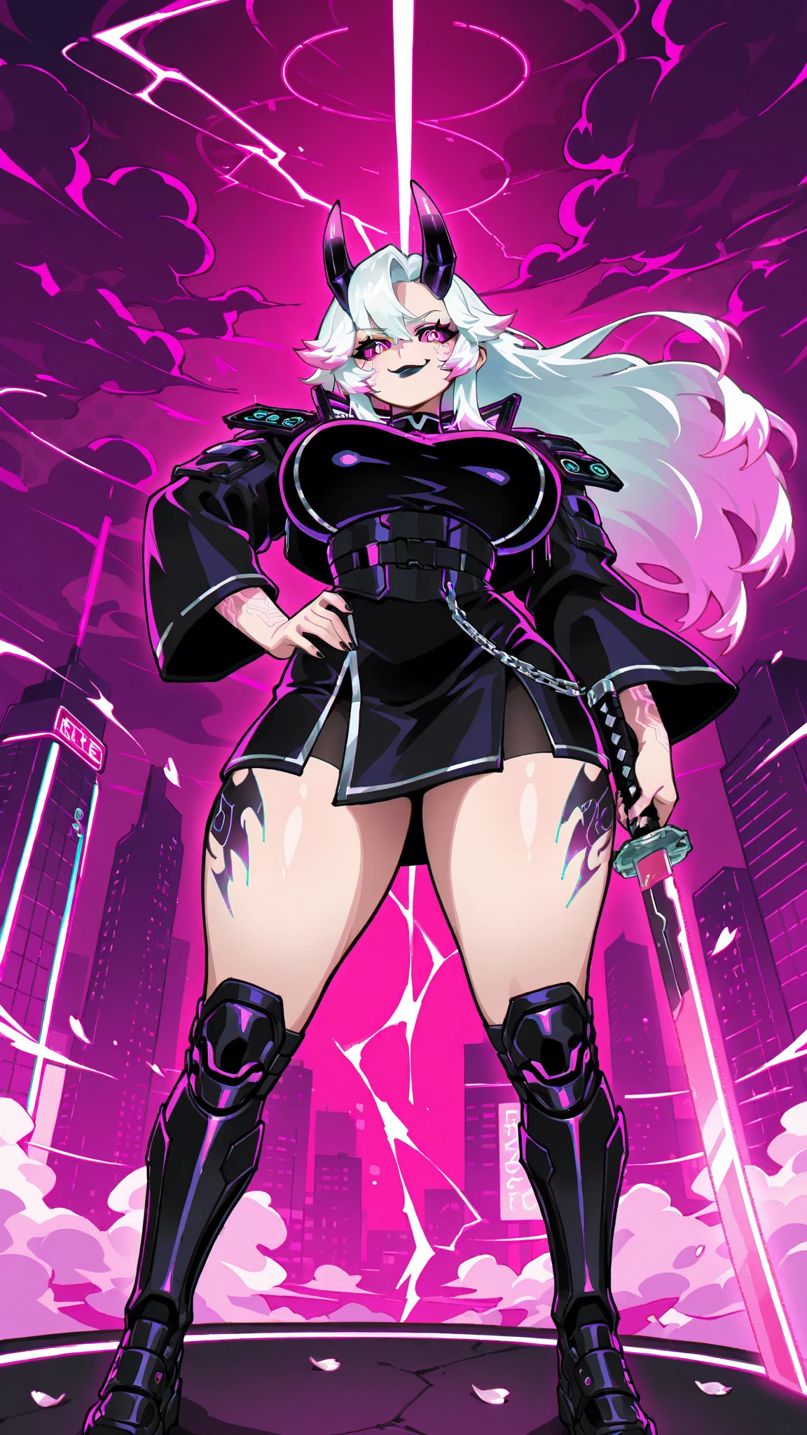 (full-body/upright/standing view:1.3). (({yamato})), ((in a futuristic city completely destroyed with flames coming out of the destroyed buildings)). {yamato}: wearing (((clothing/maid/black+skirt/white:1.5))), (((extremely +tight clothing:1.4))), is looking at the viewer, (extremely large breasts:1.5), doing exhibitionist/non-stooped/seatless poses, holding a long black rifle., Hyperrealism, anime, 16k, UHD, masterpiece, best quality, high details
