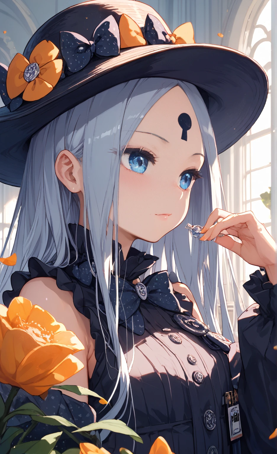 The Witch，Witch hat，Gothic skirt，Sky blue hair，ear jewelry，simplebackground，portraitures，delicated face，详细的脸，Pick dyeing，Pattern，Complicated details，tmasterpiece，high qulity，