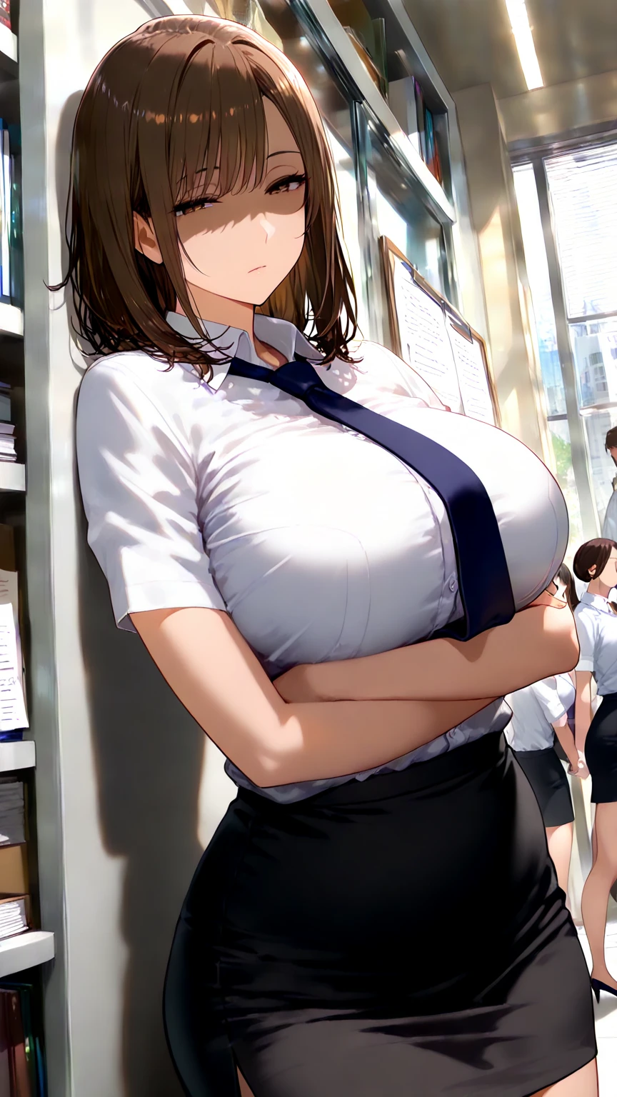 Alone, female, Brown hair, Brown eyes, clean hair, very big breasts, black suit, juicy stockings, showing thighs, black skirt, Session, gentle smile, Doctor's office, psychologist, sofa, Pale skin, White high collar shirt, flirtatious, white ribbed sweater, buttoned black suit jacket, close up, pink lips, warm light, notepad
