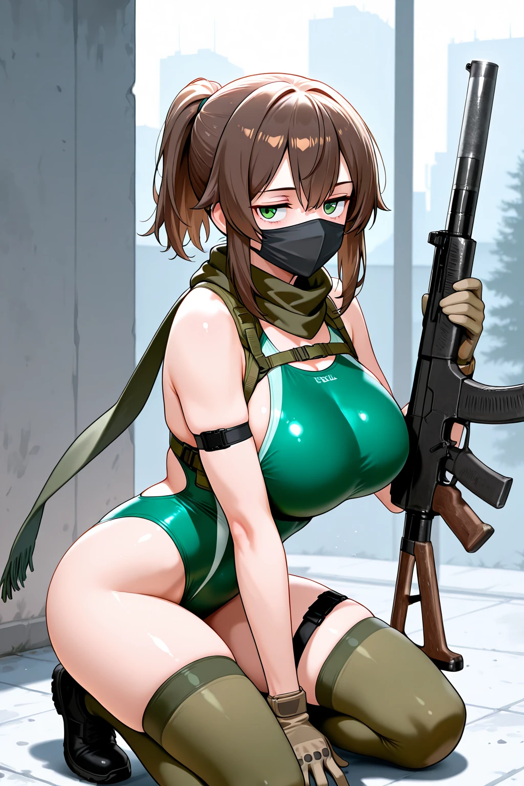 quietmetalgear, ponytail, wide hips, thighs, solo girl, brown hair, ponytail, green eyes, long hair, bikini