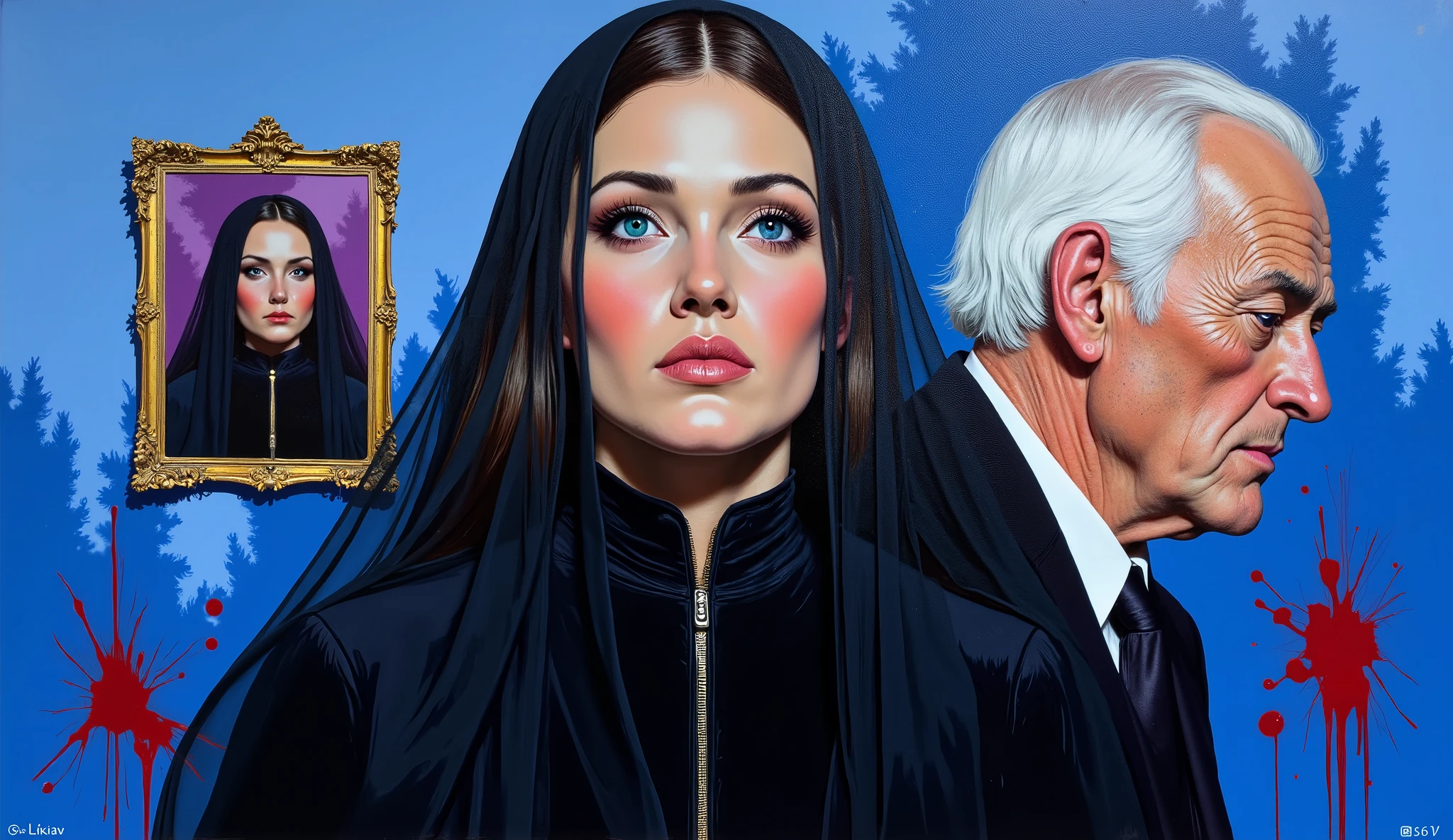 YouTube thumbnail, colorful oil painting with prominent brushstrokes, featuring an image of a beautiful, very proud woman in black, with blue eyes and a very transparent black veil over her face. On a smaller scale, the image of an elderly man with white hair in profile looking down, against a blue background turning purple, with bloodstains in the background. 