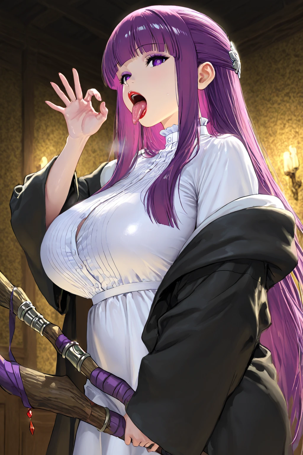 Shion 
1girl, belt, breasts, cleavage, collarbone, holding, holding_sword, holding_weapon, horns, katana, large_breasts, long_hair, open_mouth, pants, ponytail, purple_eyes, purple_hair, purple_jacket, shirt, simple_background, single_horn, solo, sword, very_long_hair, weapon, white_background