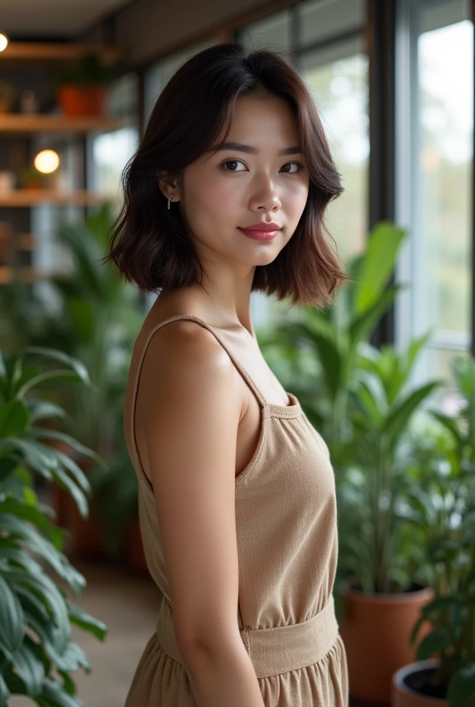 ((best quality)), ((masterpiece)), (detailed), Perfect face, young Japanese woman, short hair, wearing a two-piece swimsuit, orange, thin cloth, in the morning, standing against an orange wall., realistic, plant, tree, buttons, blurry, sunlight, flower