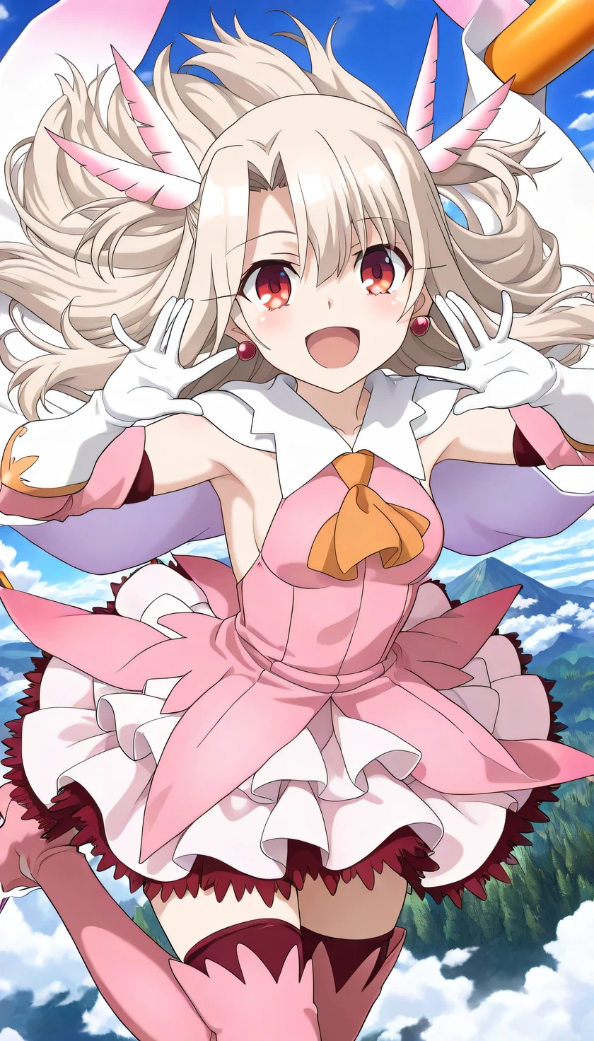 {{{masterpiece}}}, (best quality:1.5), (ultra-detailed:1.5), {illustration}, {{an extremely delicate and beautiful}}, (beautiful detailed eyes:1.6), absurdres, highres, extremely detailed face, 16k, hd, visual anime de uma jovem mulher, extremamente bonito rosto de anime, anime melhor garota, (perfect hands, perfect anatomy), anime face, Illyasviel von Einzbern(Fate/Kaleid Liner Prisma Illya), aaillya, illyasviel von einzbern, 1girl, solo, cute face, long hair, blonde hair, (parted bangs:1.5), hair between eyes, sidelocks, hair ornament, (feather hair ornament:1.2), (red eyes:1.3), earrings, short of a person, medium breasts, thin waist, big hips, curvaceous, BREAK, magical girl, white gloves, dress, (pink dress:1.4), cape, white cape, jewelry, detached sleeves, yellow ascot, pink arm cover, white elbow gloves, (white skirt:1.2), ruffle skirt, red petticoat, (pink thigh boots:1.3), thighs, zettai ryouiki, BREAK, cute face, open mouth, smiling, (flying girl:1.5), looking at viewer, jump, outdoor, mountain, forest, flight, cloud, sky above, hands up, mysterious, from side