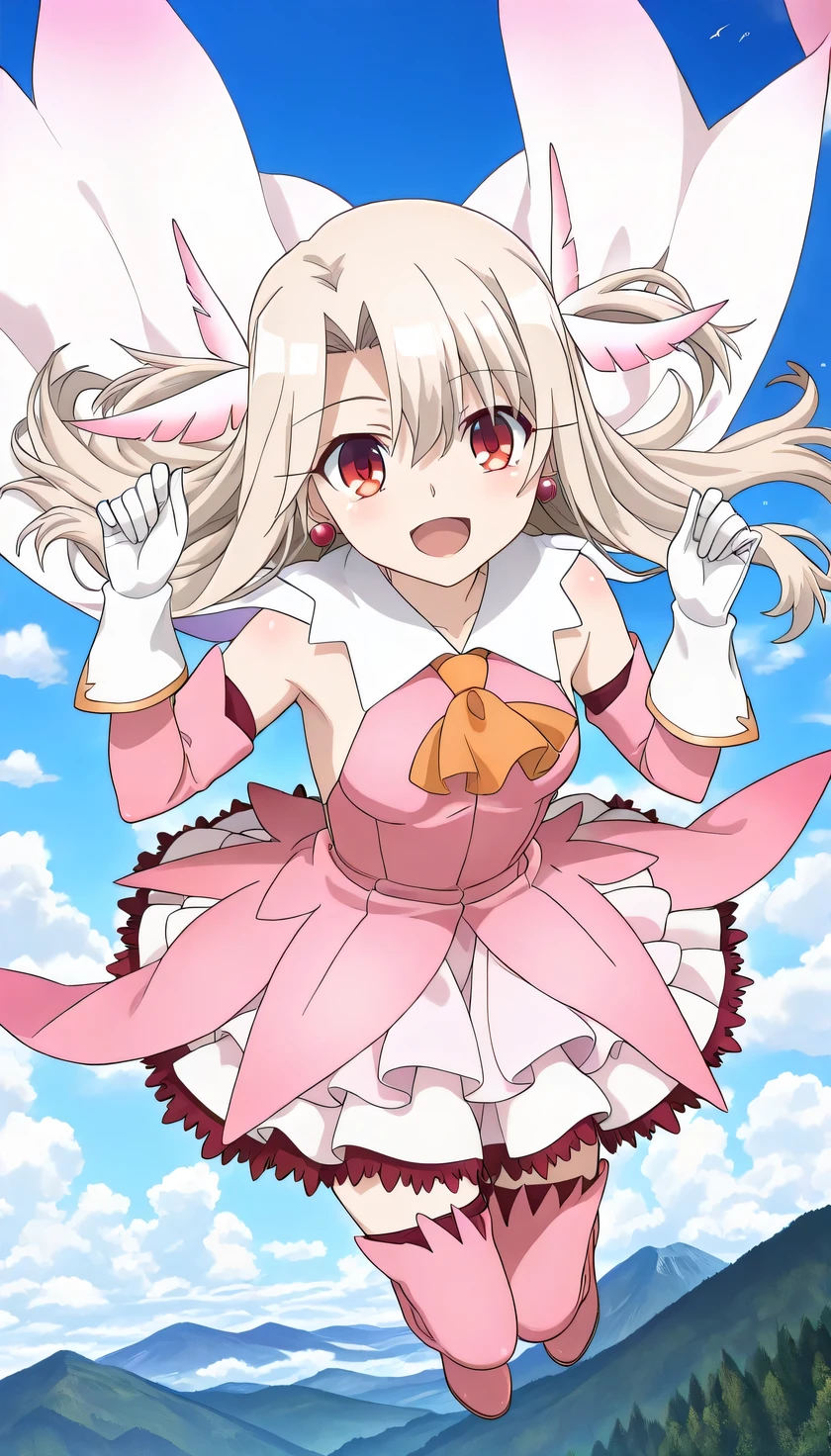 {{{masterpiece}}}, (best quality:1.5), (ultra-detailed:1.5), {illustration}, {{an extremely delicate and beautiful}}, (beautiful detailed eyes:1.6), absurdres, highres, extremely detailed face, 16k, hd, visual anime de uma jovem mulher, extremamente bonito rosto de anime, anime melhor garota, (perfect hands, perfect anatomy), anime face, Illyasviel von Einzbern(Fate/Kaleid Liner Prisma Illya), aaillya, illyasviel von einzbern, 1girl, solo, cute face, long hair, blonde hair, (parted bangs:1.5), hair between eyes, sidelocks, hair ornament, (feather hair ornament:1.2), (red eyes:1.3), earrings, short of a person, medium breasts, thin waist, big hips, curvaceous, BREAK, magical girl, white gloves, dress, (pink dress:1.4), cape, white cape, jewelry, detached sleeves, yellow ascot, pink arm cover, white elbow gloves, (white skirt:1.2), ruffle skirt, red petticoat, (pink thigh boots:1.3), thighs, zettai ryouiki, BREAK, cute face, open mouth, smiling, (flying girl:1.5), looking at viewer, jump, outdoor, mountain, forest, flight, cloud, sky above, hands up, mysterious