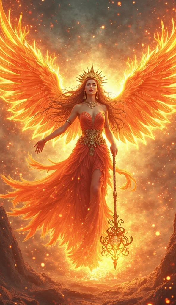 a woman with wings and a crown standing in the sky, aparece como a deusa do fogo, com asas douradas ardentes, com asas douradas ardentes de chama, A Deusa Borboleta do Fogo, Deusa do fogo, phoenix rising from the ashes, Deusa da Raiva, phoenix rising, deusa do fogo, Rainha do Inferno, lord of change, A Rainha do Fogo, artwork of a phoenix