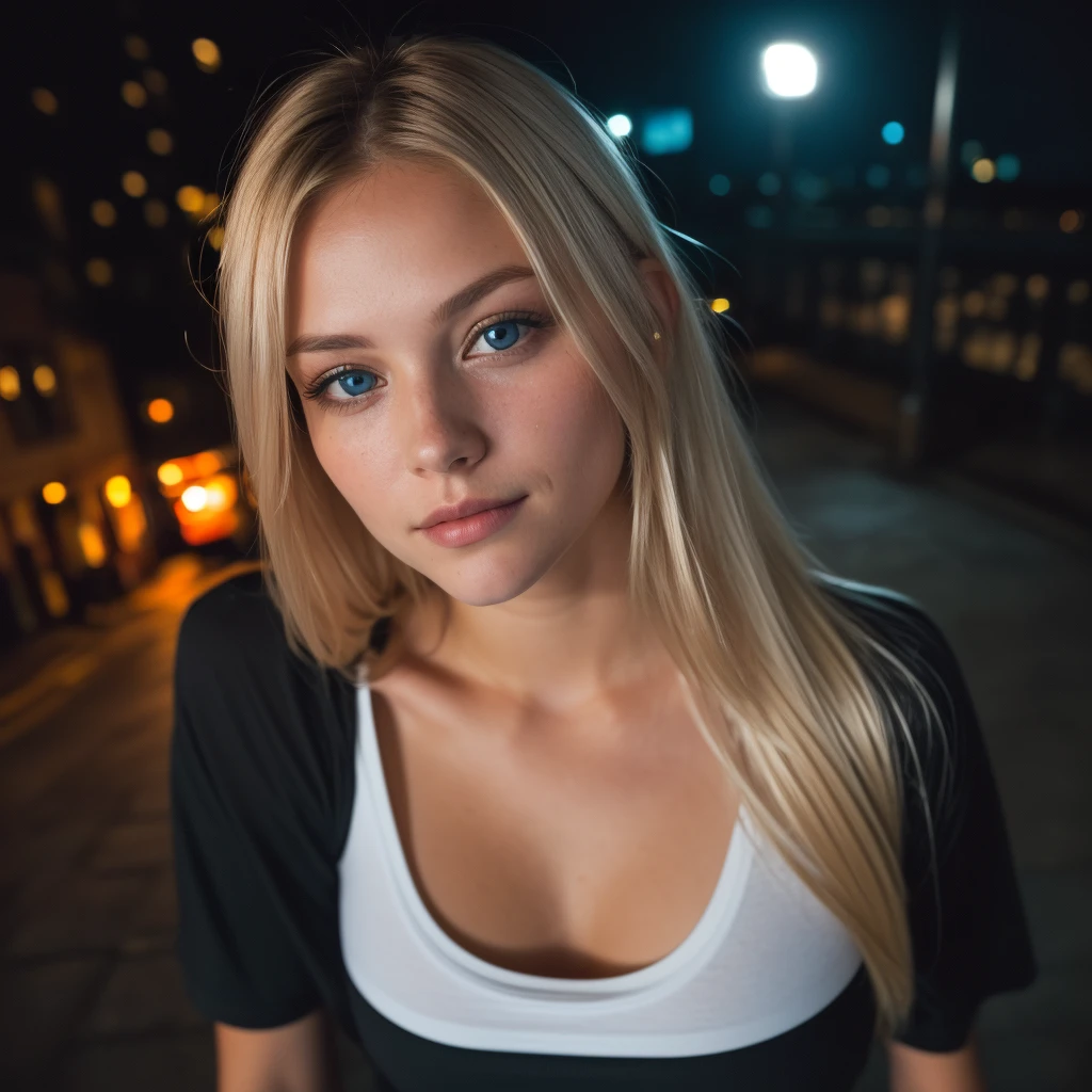 (selfie, top view: 1.4), (straight half of the body: 1.4), RAW UHD portrait photo of a 24-year-old blonde (light blue-eyed woman) walking downTown London large breasts, full body , city at night, (white crew neck t-shirt skirt), (neckline), details (textures! , hair! , glitter, color!! , disadvantages: 1.1), glossy eyes with high detail (looking at the camera), SLR lighting, SLR camera, ultra-quality, sharpness, depth of field, film grain (center), Fujifilm XT3, crystal clear, frame center, beautiful face, sharp focus, street lamp, neon lighting, bokeh (dimly lit), night, (night sky), detailed skin pores, oily skin, sunburn, complex eye details, full body, large breasts