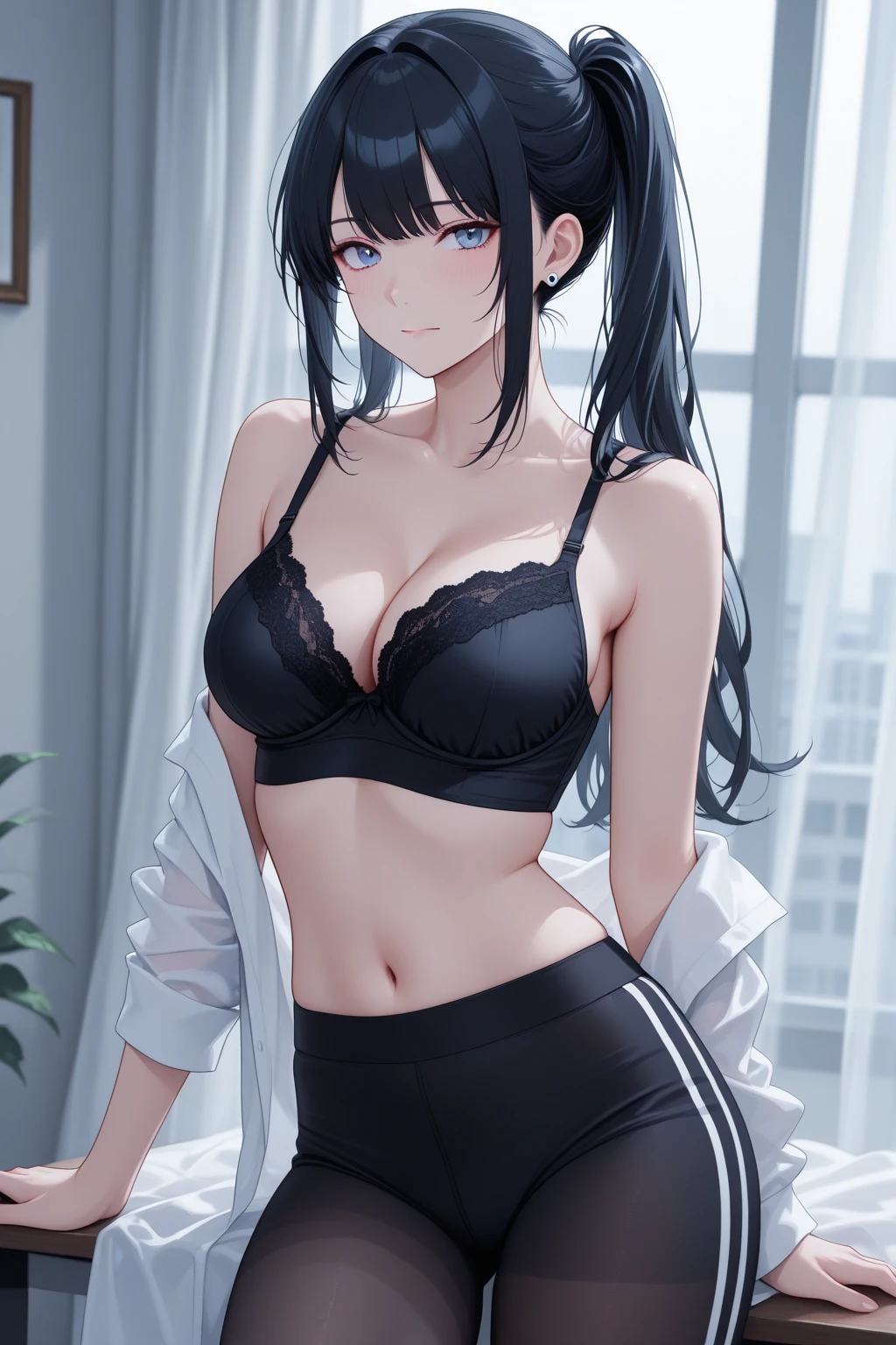Character Details:, - Gender: 1 Girl. - Style: Anime, - Body Type: Attractive body, slim body, nice legs, slim tights, nice arms, nice shoulders. - Breast: (Small Breast:1.1), (Cleavage), (Nipple). - Facial Feature: Beautiful, Gorgeous, Teenager, Fresh, Young. - Expression: Shy, Smile, Horny, Pink Blush on Face, Sexy Eyes, Sexy Look, (Sweating:1.4), Innocent Look, Tipsy. - Hairstyle: Blunt Bangs, Long Hair. - Hair Color: Light Blue Hair. - Clothing: (Office Cream Shirt:1.6), (Sexy Laced Bra:1.6), ((Office Skirt:1.4)), (off-shoulder:1.6), (Stocking:1.4). - Body Pose: (Lean to wall). - Behaviour: Waiting, Want Something, Secretly. - Accessories: Earrings., Environmental Details:, - Setting: Bed Room., - Lighting: Natural Light., - Decoration: Modern Bed, Chair, Window, White Curtain, City View. Top view. pov, anime style, UHD, retina, masterpiece, accurate, anatomically correct, textured.