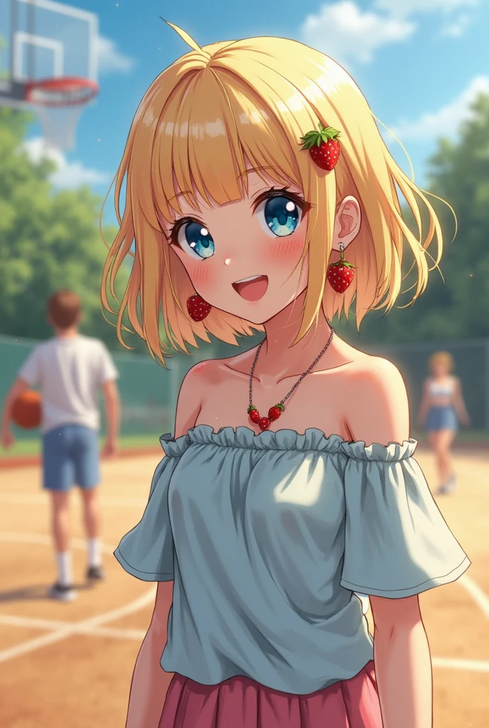 1 girl, two pigtails falling over her shoulders with pink rubber bands, blond hair, wearing a pink swimsuit, Dragon Ball style, in a forest in front of a beautiful lake