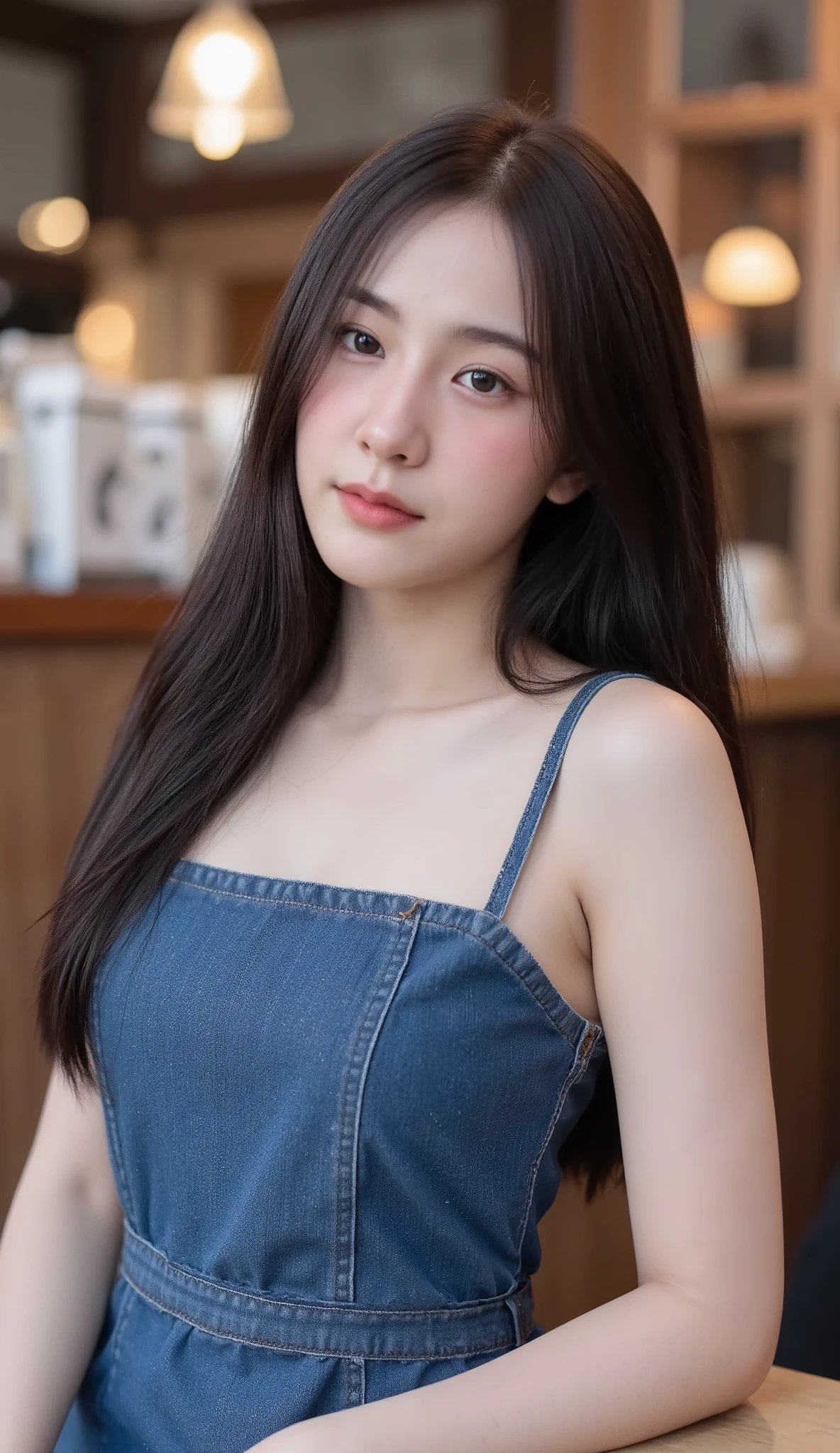 Beautiful teen girl, long hair, black, big breasts, attractive figure, looking at the camera 8K high definition, sharp focus, very high detail, realistic like a photo, natural light, smooth skin
Sit in a famous cafe in the city
She wore an indigo blue short-sleeved denim dress.
The camera angle is slightly below the chest, her eyes look down at the camera with her head still straight. The atmosphere is warm and stylish.