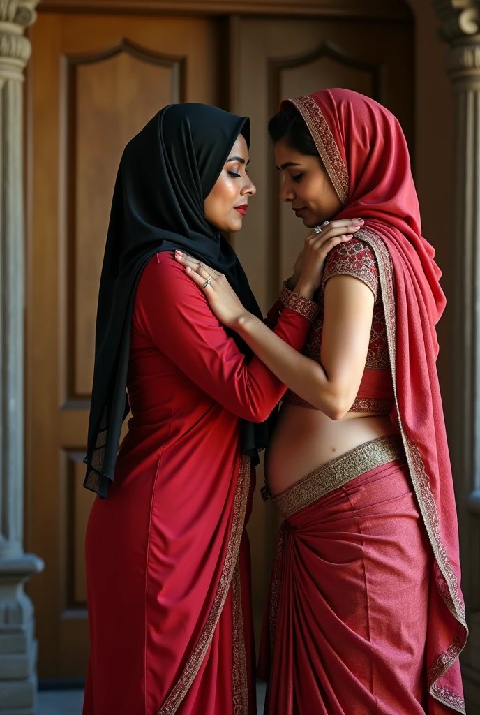 I am 40 year old plus size tall and big giant indian muslim women, looking like indian actress hansika motwani, wearing a black boarded sleeveless gold kurti and shining reflective glossy silver ankle length leggings and red hijab,white-skin,white skin tone, beautiful face, red lips, clean skin, celebrity face, thick leggs, round ,bulging ,, i am hugging another 40 plus size tall and big giant indian wife, looking like indian actress anushka shetty, wearing shining reflective glossy red ankle length leggings and golden boarded sleeveless green kurti, white skin tone, beautiful face, red lips, clean skin, celebrity face, thick leggs, round ,bulging ,,all indian ornaments like ,gold chain,gold necklace,gold ear ring with chain connect with nose ,nose stud ,auspicious thread in Necklace, Armlet, bangles,red sindur on head,women standing looking the viewer,both women have huge bulging ,smiling happy face,red and gold stileto heels,looking straight to camera, realistic photo, looking straight to camera,full body image,wide angle shot in camera, realistic photo,a quarter back side view of women,in an african forest,group of muscular black men watching women,
