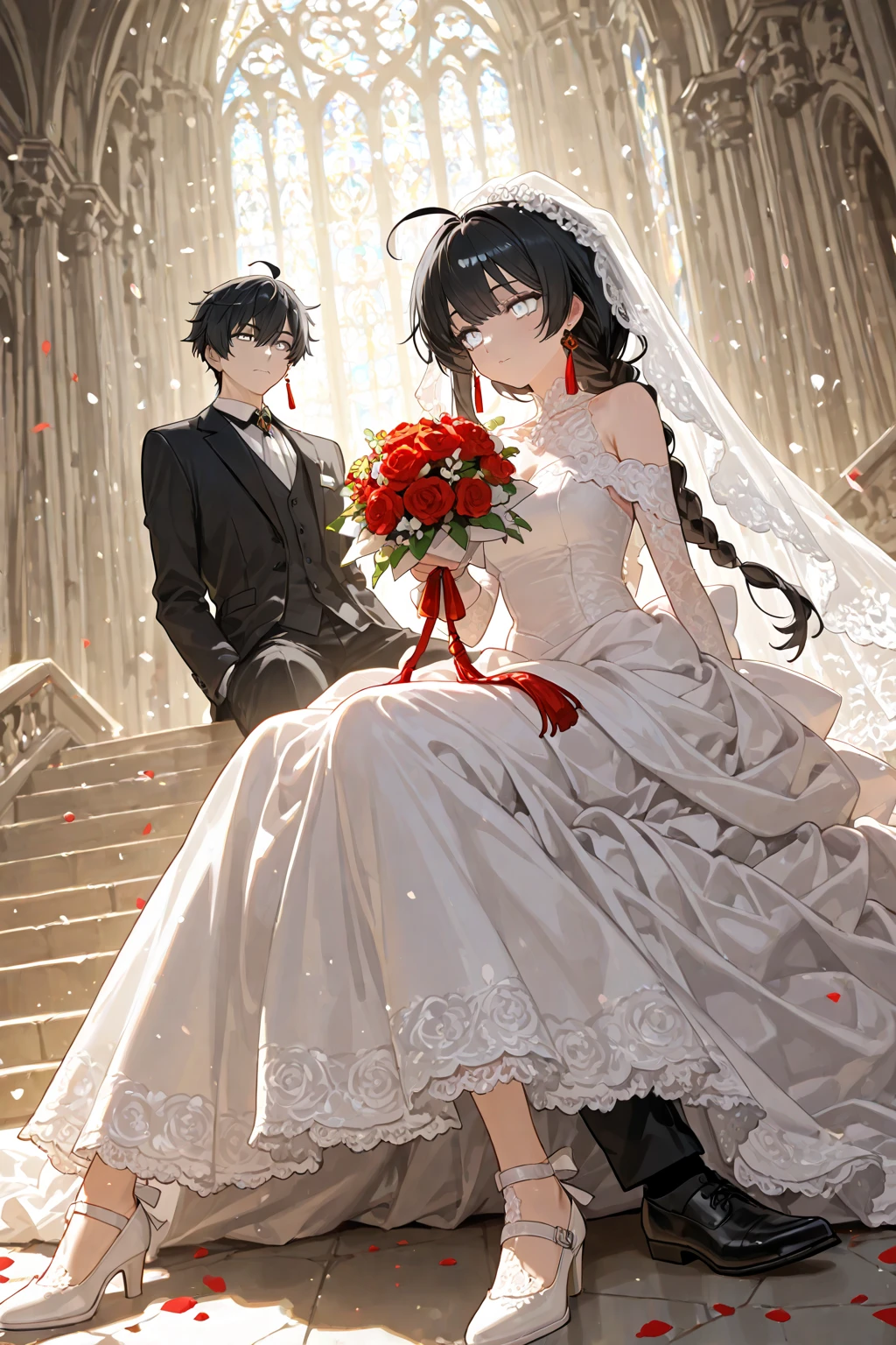 Photo of a man with black hair and a woman with black hair getting married, black suit, woman in white wedding dress (super intricate details), (super detailed CG: 1.2), anime art style, high quality 8K anime wallpaper, RGB lighting