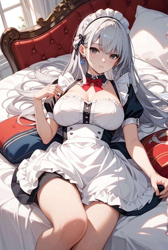 （masutepiece）（high-level image quality）:1:3）　femele（（soio）（Adults）（Princess））　 White Long Gloves（（blanche）（gloves））　doress　The hair（Long）（Grey hair）　a smile　on the beds