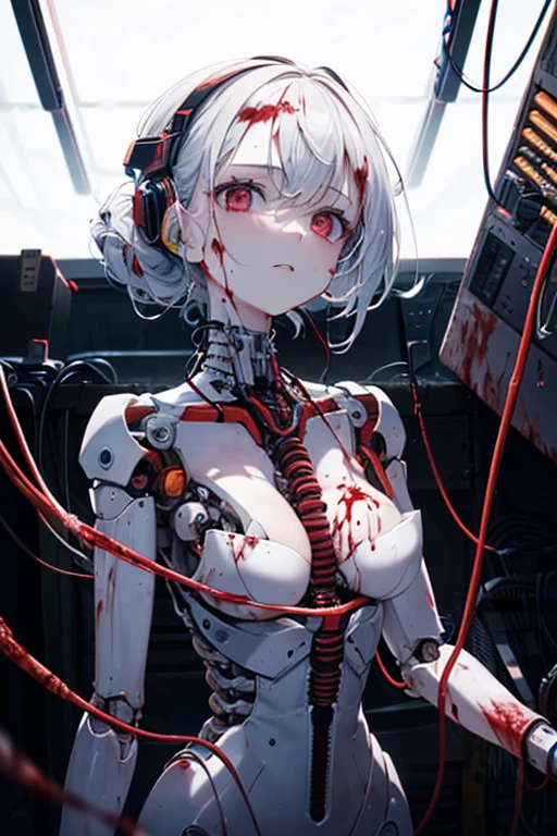 (masterpiece, Highest quality, Highest quality, Official Art, beautifully、aesthetic:1.2), (One girl:1.3), Very detailed,colorful,Most detailed ((Very detailed)), (Highly detailed CG illustrations), ((Very delicate and beautiful)),(From the side),Cinematic Light,((1. Machine Girl)),alone,whole body,(Machine made joints:1.2),((Mechanical limbs)),(Blood vessels connected to tubes),(Mechanical vertebrae attached to the back),((Cervical vertebrae mechanically attached to the neck)),(Sitting),Expressionless,(Wires and cables around the neck:1.2),(Overhead wires and cables:1.2)(Character Focus),sf,White Background,(Blood:1.5)