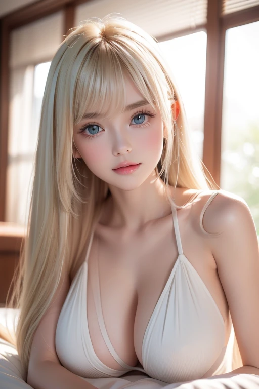 portlate、School Uniforms、bright expression、Young shiny shiny white shiny skin、Best Looks、ultimate beauty girl、The most beautiful platinum blonde hair in the world、shiny light hair,、Super long silky straight hair、Beautiful bangs that shine、Glowing crystal clear attractive blue eyes、Very beautiful nice cute 16 year old girl、Bust of medium size、(Off-shoulder front opening))(No bra)With both hands