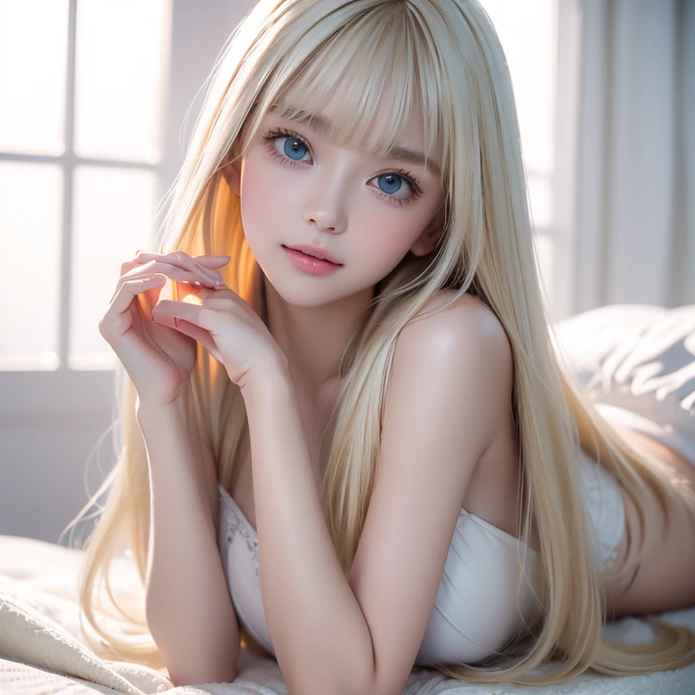 ((Face close-up))　(Squint your eyes:1.8 Sensual Looks:1.8)　(Large :1.4)　Beautiful Fantasy Girl　((highest quality)), ((masterpiece)), (Get used to it), Perfect Face　(1 girl)　(French)　(She is 18 years old、The cutest teen in France.)　((highest quality)), ((masterpiece)), length blonde hair 　length, Shining golden hair,Golden Silky Hair, Straight blonde hair, length blonde straight hair, Perfect Silky Straight Hair, Straight blonde hair, length blonde hair, Her hair is long and straight, detailed length blonde hair　((big 1.4))　Super Long Hair down to the ankles　((Neat bangs　The neatly trimmed bangs are princess cut and cover the entire forehead.......))...　Bright crimson lips　good, Anatomically correct hand　Thin fingers　Anatomically correct five fingers　 professional makeup　Beautiful French girl face, French  features, Long Hair shiny Long Hair, length, Shining golden hair, length, Straight Golden Hair, Her hair is long and straight, Super Long Hair girl, Silky Hair, length blonde hair, Silky Hair, length, Flat Hair, Silky texture, Long Hair, length, flowing blonde hair, thin and shiny hair　Anatomically correct、White beautiful human skin and detail of hands and fingers　Beautiful Eyes　Mouth Details　the corners of the mouth rise slightly　Cool look　　(The eyebrow color is dark brown.)　　(Yellow dress posing for a picture, Disney Portraits, tumbler, shin hanga, wearing organza gown, dressed beautiful gown, lady using Yellow dress, color: Yellow, A woman wearing a sparkly floral dress, elegant Yellow skin, gown, Fantasy Dress, Formal Wear, light Yellow　beautiful gown, Yellow theme　)　(This is a gold-colored luxury hotel room with a gold-colored bed and white walls.)