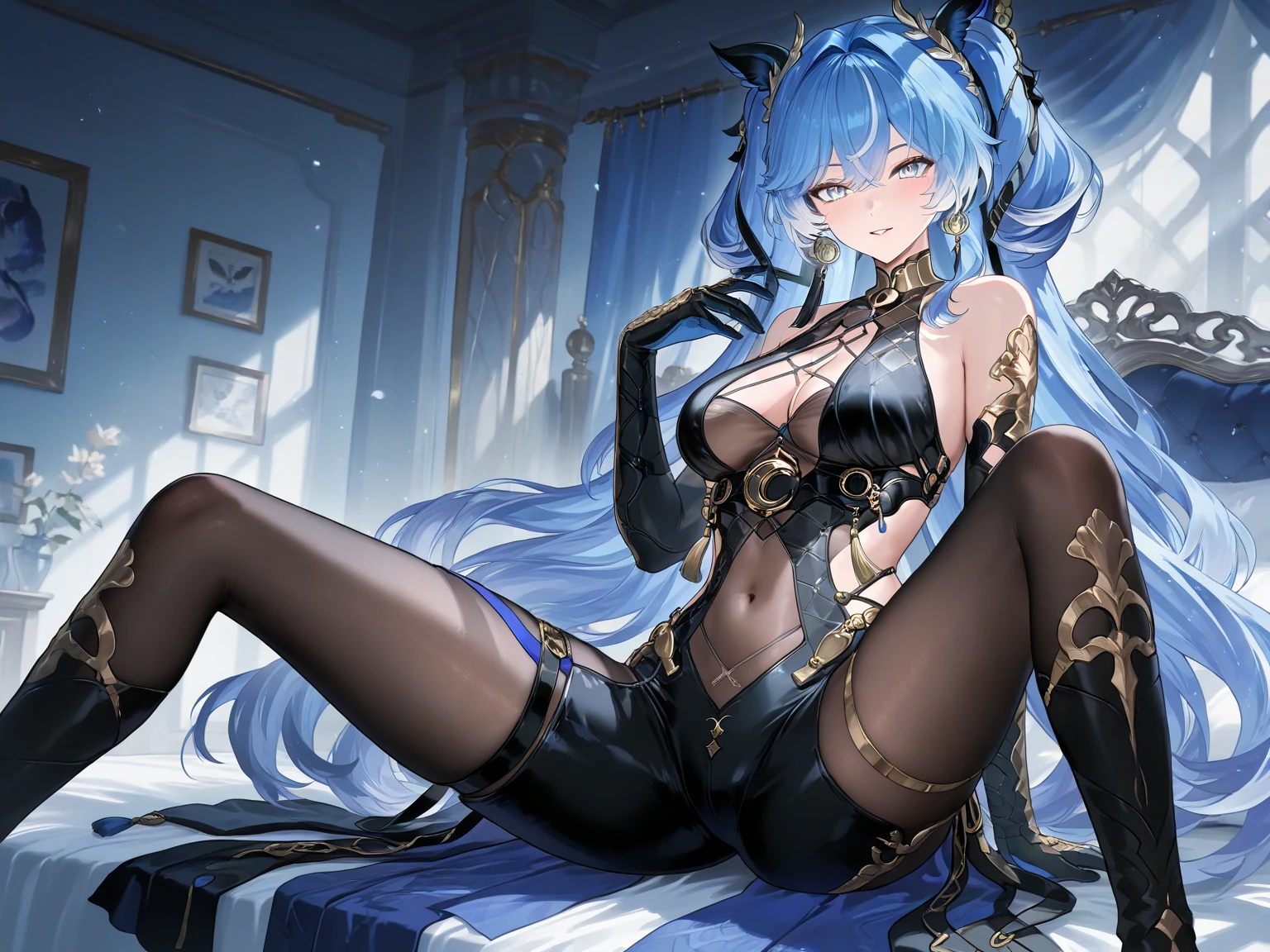 masterpiece, best quality, ultra-detailed, illustration,(1girl),beautiful detailed eyes, looking at viewer, close up, big breasts, black fur, shy, cat ears, furry, yiff, anthropomorphic animal, black tail, spread legs, showing, focus)