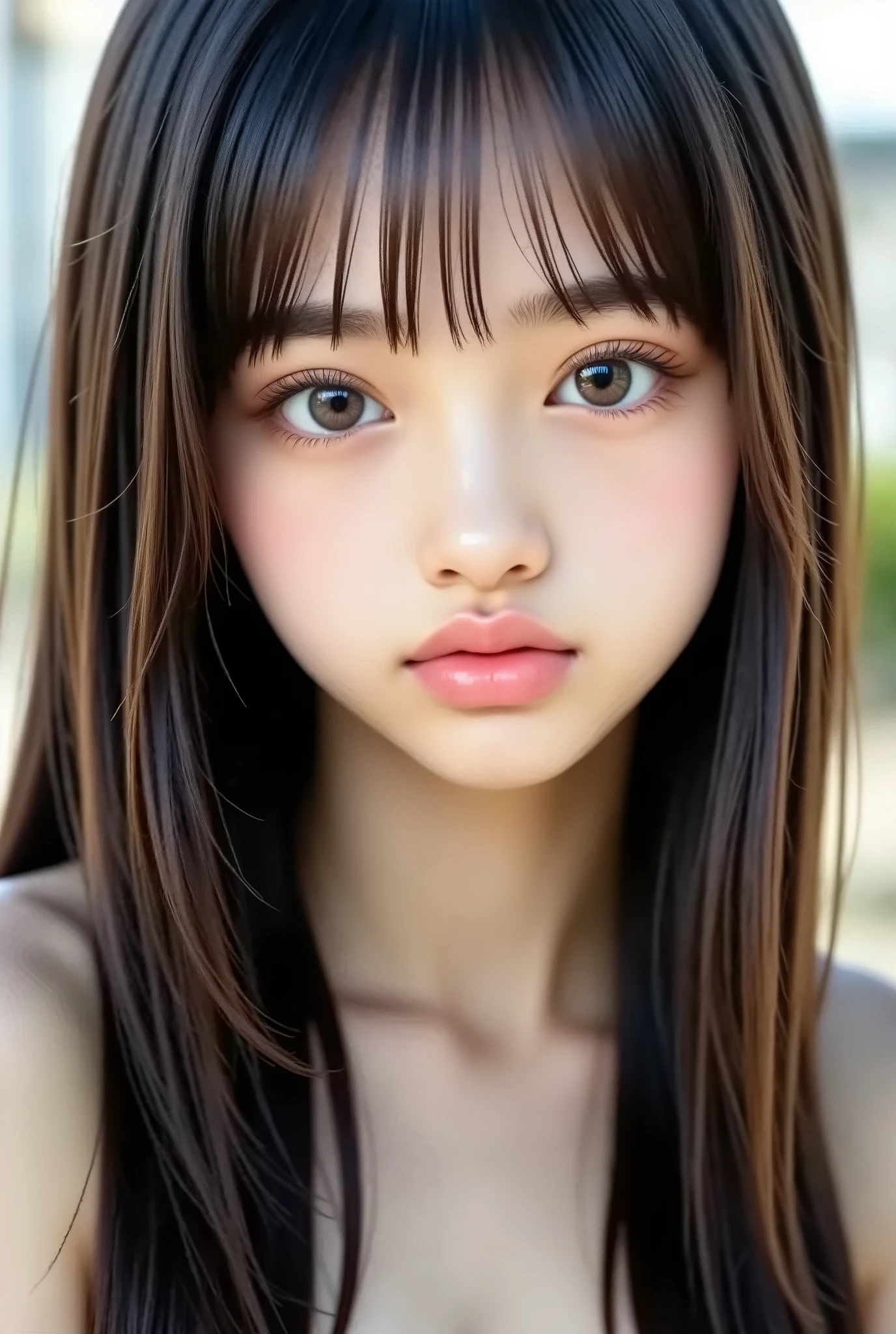 Highest Quality、masterpiece、high sensitivity、high resolution、adorable , beautiful , Lovely , 日本のBabyface , (big boobs) , 20 years old , white skin , facing front , portrait , wind , ((muscles:1 . 1)) , ((Daytime:1 . 3)) , standing , HDR , ultra detailed , EF24-70mm f/2 . 8L II USM , Highest Quality , high quality , masterpiece , 1girl , Japanese girls , cute girl , Babyface , straight hair , straight long hair , straight bang , straight hair details , (big breasts) , Huge Chest , ((white eyes , white pupils)) , fine skin texture , detailed fabric texture , detailed face , Super Detailed , 8k , Intricate Details , hyperrealistic , Hyuga Hinata ,