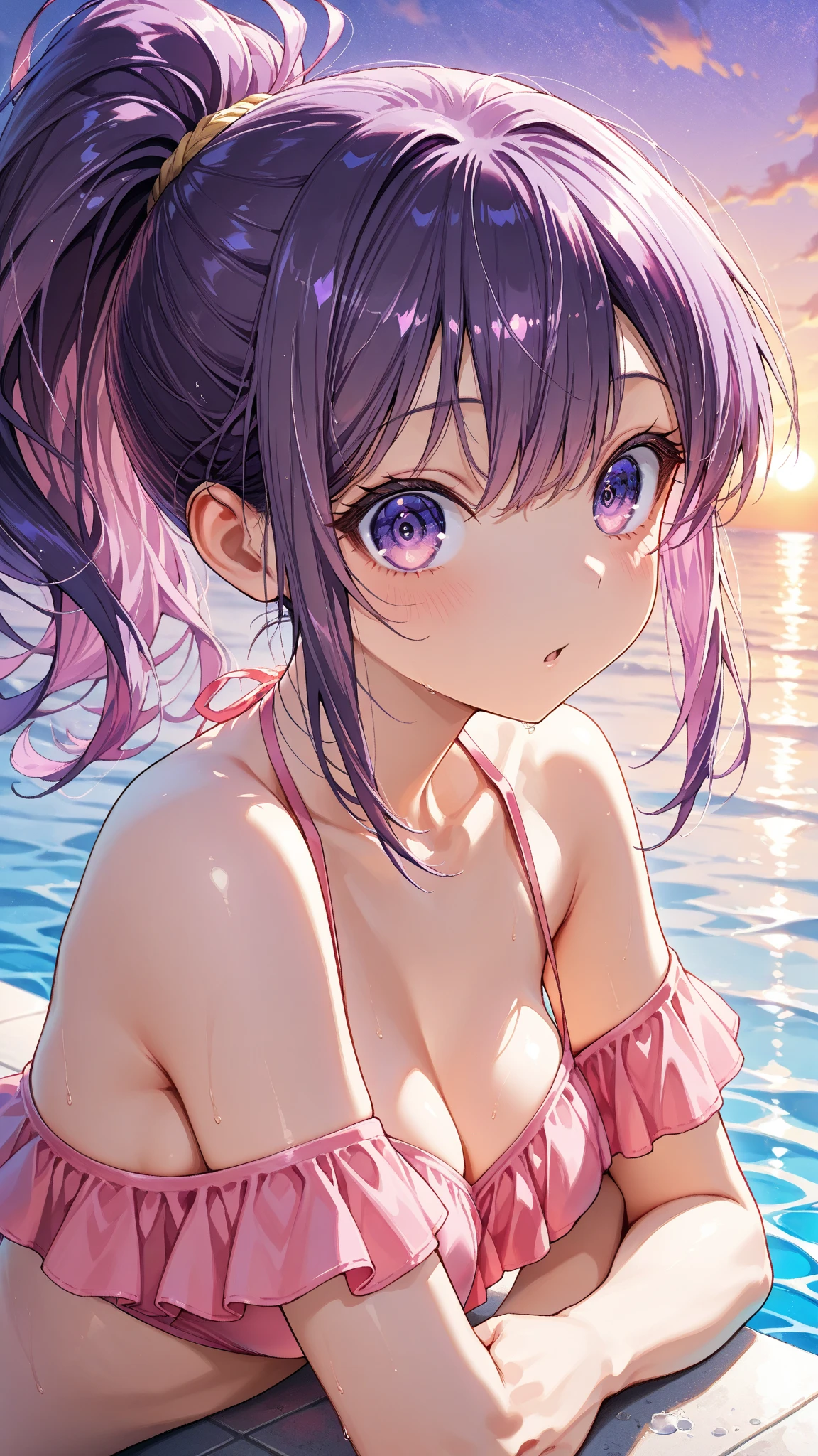 purple flowers, anime, cute, shiny, bikini