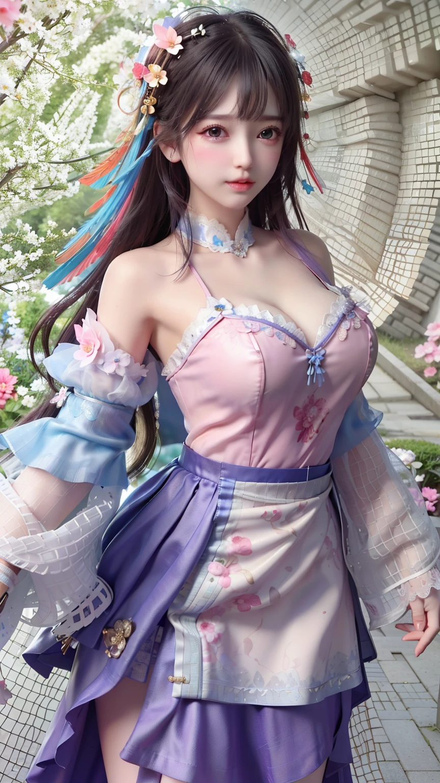 ((best qualtiy)), ((tmasterpiece)), (detail:1.4), Beautiful cyberpunk female images,hdr(HighDynamicRange),Ray traching,NVIDIA RTX,Hyper-Resolution,illusory 5,sub surface scattering,PBR textures,post-proces,Anisotropy Filtering,depth of fields,maximum definition and sharpness,Many-Layer Textures,Albedo e mapas Speculares,Surface coloring,Mitsu-Accurate simulation of material interactions,perfectly proportioned,rendering by octane,Two-colored light,largeaperture,Low ISO,White balance,Rule three points、8K raw data、Beautiful bright blue pupils,off-the-shoulder clothes,Fine pupils,Delicate face and eyes,long eyelasher,Blushlush,Delicate and fluffy hair,pink lip,Pure,Cute face,Sweet girl,Artistic sense,Casual wear,Advancedsense,butterflys,Cherry blossom petal,Beautiful hair accessories,Long hair and waist,Hair fluttering in the wind,wedding gown,curlies