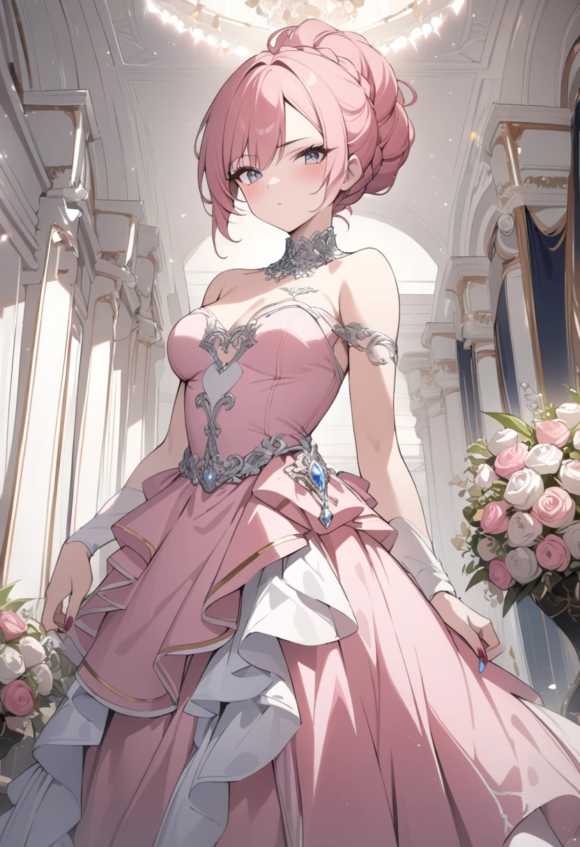 (masterpiece、highest quality: 1.1)、merchant (dq3)、1 girl、solo、short hair、ponytail、pink hair、blue eyes、big breasts、cleavage、white dress、strapless dresses、Sash、white pants、gem、earrings、smile