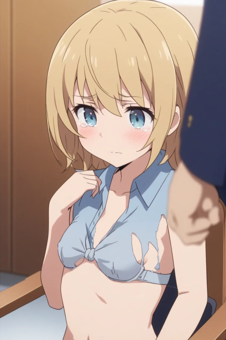 hayasaka,blonde hair, blue eyes, hair Scrunchie, side ponytail, Scrunchie, 1 girl, hair ornaments,alone, hair between eyes,(topless:1.3),, bare shoulders, black long pants, cleavage,thighhighs,short hair, 
beautiful Finger,beautiful long legs,Beautiful body,beautiful character design, perfect eyes, Perfect face,expressive eyes, looking at the viewer, ,lie on bed,in the center of the image, official art,High Definition CG Unity, Perfect lit, bright_front_face_lit, ,(Highest_quality:1.0),4k,Super detailed, photograph, 8K, nffsw, High resolution, absurd:1.2, kodak portrait 400, film grain, Lens flare, (lively_color:1.2) (beautiful,medium breasts:1.4), (beautiful_face:1.3),(narrow_waist),blush,
detail nipple