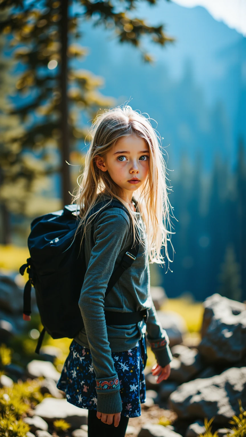 menina com mochila nas costas, menina sentada no pico da montanha, menina sentada na montanha rochosa olhando pelo binoculo, menina sentada de costas