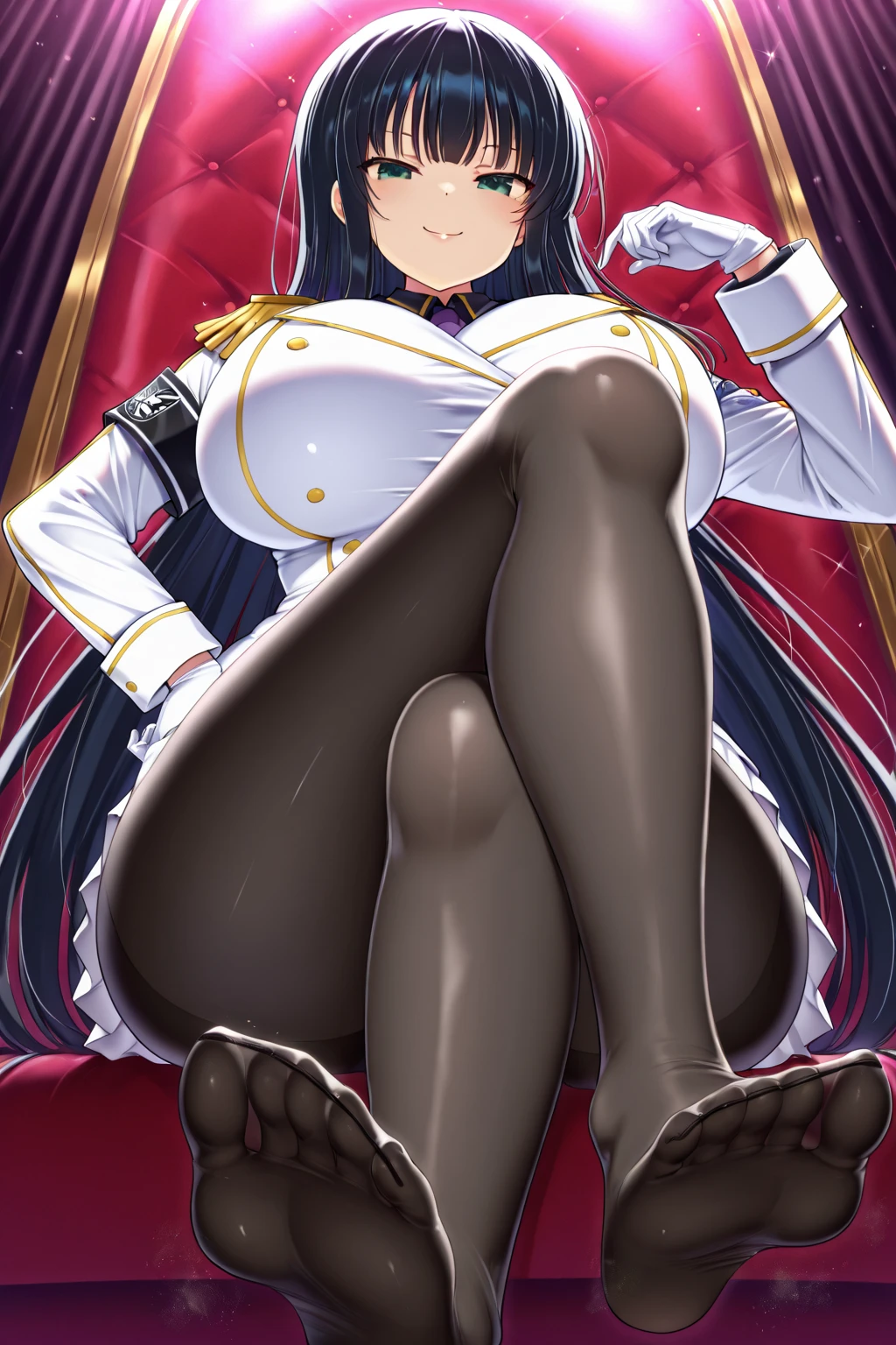 (masterpiece, best quality:1.4), perfect lighting, detailed, anime, 1girl, futanari, from below, shallow depth of field, gigantic penis, pre cum, goth girl, large breasts, <lora:futanariHorsePenis_futanariHorsePenisV1:0.6>, taker pov, her penis is pointed towards the viewer, eye contact, long hair, black hair, red eyes, smile, hand on her penis