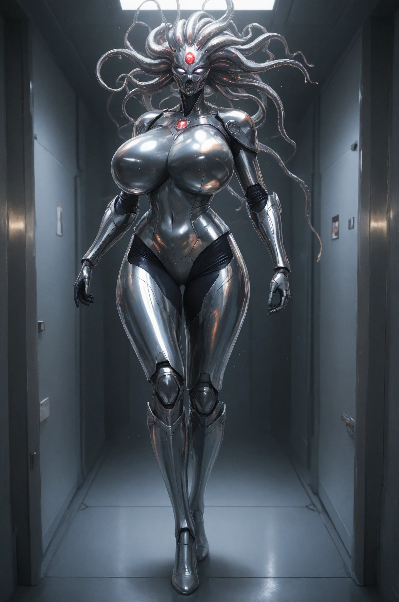 8k ((full body view:1.4)) (large eyes:1.3), defined cheekbones, 1woman, ((woman has no face, ((sleek silver bodysuit:1.6)) (detailed face:1.5), silver skin,(puffy lips:1.5) (silver skin:1.6), (bald woman:1.7), (skinhead) ((stands confident)),(Muscular:1.3), ((gigantic breasts:1.5)) ((side view:0.6)), )highly detailed, majestic, digital photography, art by artgerm and ruan jia and greg rutkowski, ((metal wings on back)), (masterpiece, sidelighting, intricate details