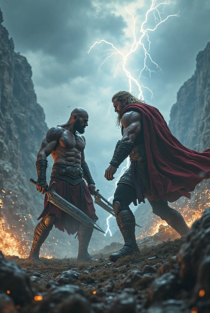 Black Viking left arm tattoo design, a full body muscular viking man and beautiful blond woman showing big busty and butt without t-shirt, muscular legs, holding big sword with right hand, brown hair divided with bangs, perfect eyes, wearing warrior leather shoes, wearing warrior boots, lake and mountains in the background.
