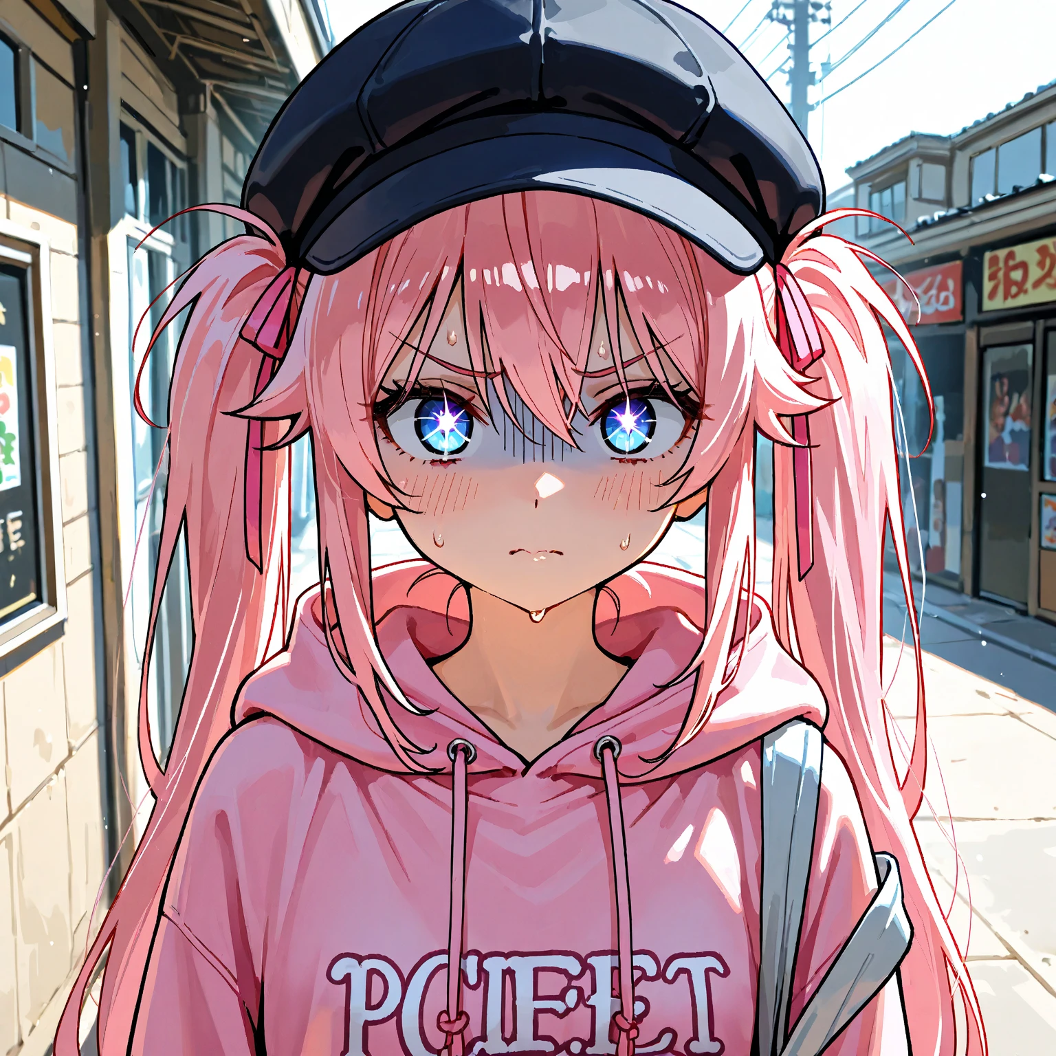 Girl with pink hair, long twin-tail hairstyle,((small bushy eyebrows)), ,  (Zankuro) drawing style by zankuro artist, ザンクロー style, image uploaded to R34, ((oldman   a girl in a street)) view from above, against a wall , facing to camera,  deeply inside her , being deeply ,  seeying 
