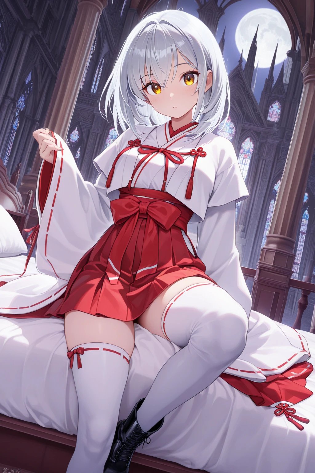 1 girl, silver hair, red eyes, white skin, smile, long hair, flying, floating in the air, white raincoat, short jacket, short skirt, holding a lantern, Chinese lantern, night, moon, blood