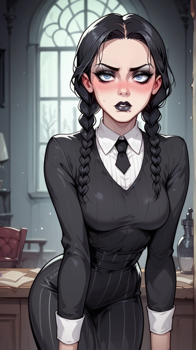 score_9, score_8_up, score_8, big breasts, (curvy), cute, eyelashes,
zzNill, 1girl, wednesday addams, cowboy shot, goth girl, black lipstick, wide hips, posing, stockings, short shorts,
Expressiveh,