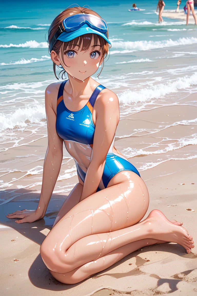 hight resolution, top-quality, ultra-quality, The ultra-detailliert, lighting like a movie、Girl in a high-leg swimsuit、sand beach、Wearing sweat、full of sweat、