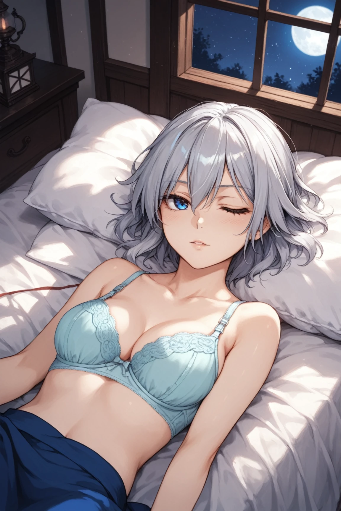 (Highest quality, High resolution, Very detailed), Silver Hair, Super short hair, Reddish brown eyes, lace thong bra, NUDE, Large Breasts, lie on own back, overhead shot, Large Breasts, Perfect Makeup, necklace, 24th generation, Beautiful woman, mature, quiet, Calm, A small smile, bed,