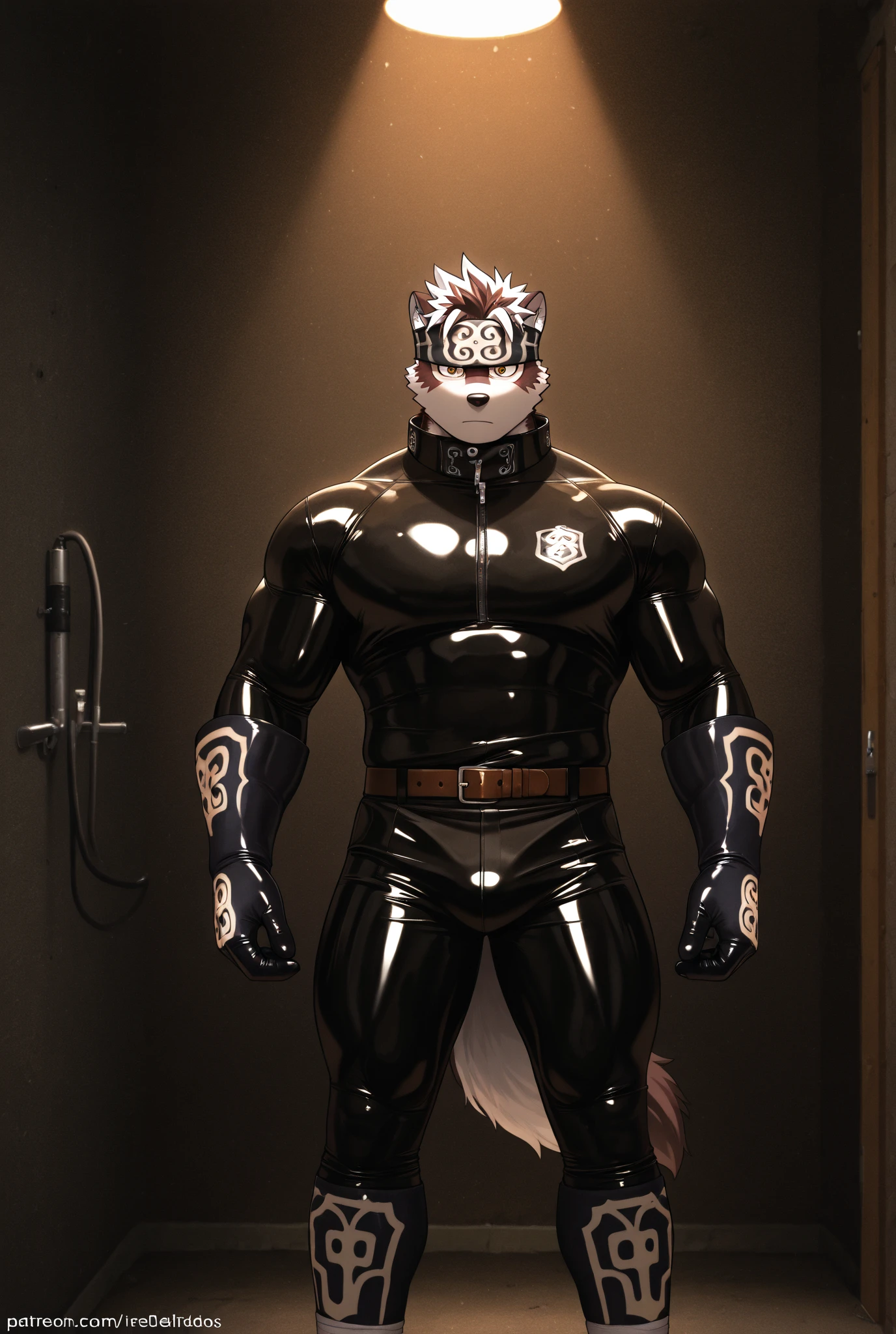 Highest quality, Highest quality, High quality illustrations, masterpiece, Ultra-high resolution, Detailed Background, In the cage, Jail, Absurd, Perfect Anatomy, performance, Good lighting, Shadows in the movies(kemono, Furry Personifi猫ion), horse, Muscle Body, White Rubber Suit, latex, neon, neonライト, neonカラー, Bodysuits, Cyber Suit, cyber punk, Rubber Mask, Harness, Earrings, Huge bulge, penis, Hands restrained behind your back, Dynamic Angle