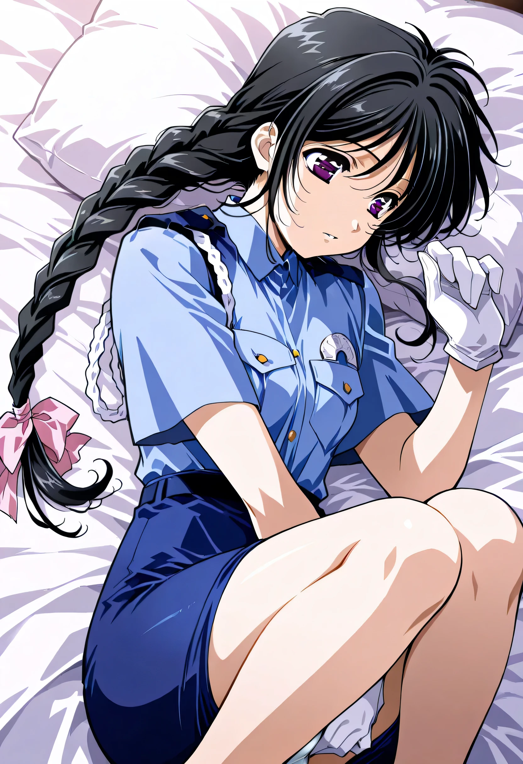 masterpiece, Highest Quality, Masterpiece, ultra high definition, better quality, Precise Details, ultra high definition, perfect face, perfect eyes, 5 finger, small breasts, nsfw, female masturbation, slender body, big eyes, Full Eyes, white panties, Miyuki Kobayakawa, AEMiyukiK, purple eyes, black hair, long hair, braided ponytail, hair ribbon, Pink bow, Police uniform, blue shirt, breast pocket, short sleeves, White gloves, blue skirt, tight skirt, 1girl, ( detailed face ), ( detailed eyes ), ((No other characters are shown)), (Indoor), bed, lying on an off-white sheet, (Stand on your knees and open your legs wide to the left and right)