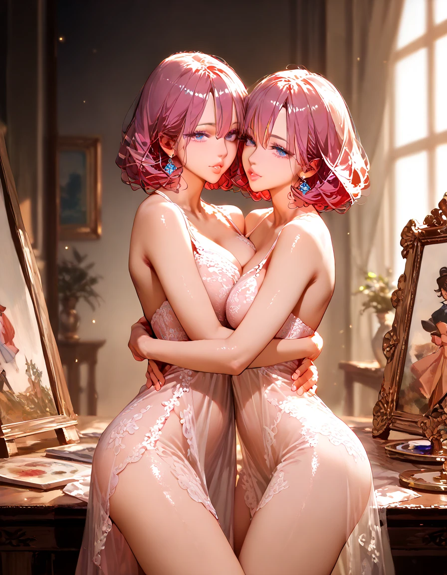 (top-quality,High resolution,(Ultra high definition,4K), (超A high resolution,in 8K),masutepiece:1.2), (Perfect Anatomy,Anatomically accurate), (Angle from above), (Soft lighting, rendered), ((very beautiful goddess mother and daughter)), ((detailed goddess)), ((Sitting on a sofa in a luxury hotel lounge, itting open legs)), (fascinated expression), (extremely detailed and beautiful face), (Crisp double eyelids), (Large breasts:1.3), (Soft skin), (Photorealistic), (shinny skin), (pinkhair), (Pixie Cut)