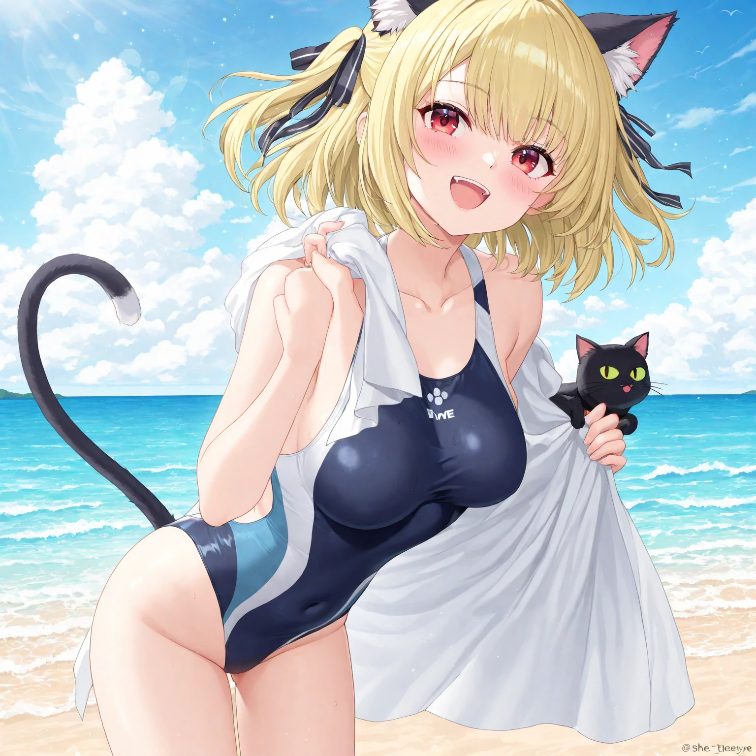 best quality, masterpiece, highres, solo, {mousse_arknights:0.90}, {night:1.10}, {starry sky:1.10}, beach, beautiful detailed sky, {extremely detailed background:1.20}, {standing:1.10}, looking at viewer, {bikini:1.30}, light smile
