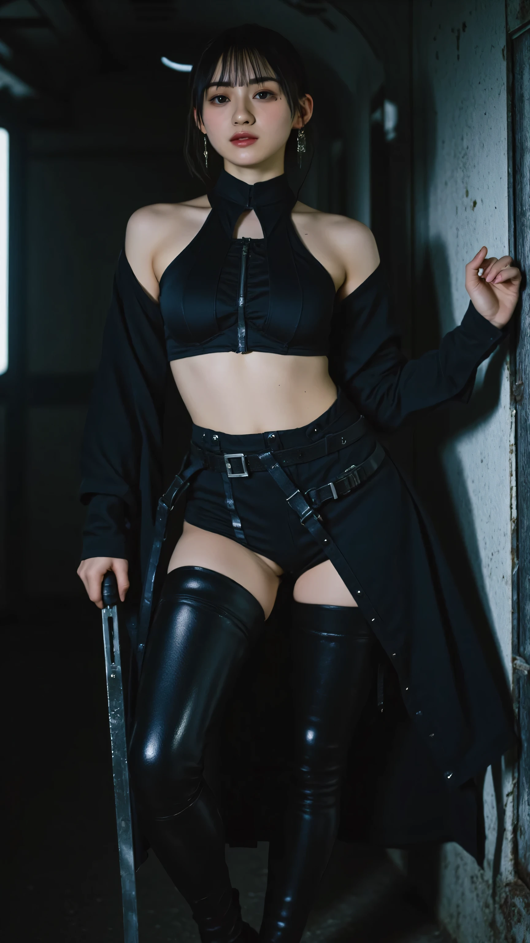 (((The dark interior of the Nostromo ship :2.0))),(((HR Giger-esque cyberpunk atmosphere:2.0))),(((Holding a Cyberpunk Style Japanese Sword:2.0))),(((point the tip of the sword at the viewer:2.0))),((Full Body:2.0)),one woman,(cute face),(Beautiful well-balanced face ),(wavy black hair:1.5),(beautiful eyes:1.3),glamorous shot of a 20 year old Japanese woman,Beautiful slender body,((model body type:2.0)),((slim body:1.7)),Perfect Body Line,Ideal Proportions,((big breasts:2.0)),((スリーサイズ90-58-86:3.0)),((G cup breasts:1.5)),big boobs,Bare thighs,sensual thighs,delicate body,(muscular:1.7),a harmonious posture,((Realistic breast depiction :1.7)),Carefully Depicts Limbs Based on Perfect Anatomy,((futuristic samurai style black super high-leg leotard:1.5)),((super high-leg latex leotard that fits your body:1.5)),((Military coat style black kimono with the front open on top of a leotard:2.0)),(ear monitor:1.5),((Tactical Holster:1.5)),(Gloves:1.3),Concept Art,(Highest Quality:1.5),(masterpiece:1.5),(超高Resolution),Resolution,UHD,(delicate depiction),carefully drawn,32k,((realistic skin texture:1.5)),(((ULTRA REALISTIC:1.5))),carefully drawn eyelashes,very detailed face,highly detailed female hands, Sexy appearance ,very sensual,(Blurry, dim background:1.5),professional photo shoot,(Movie Lights:2.0),((Blade Runner-style lighting:2.0))