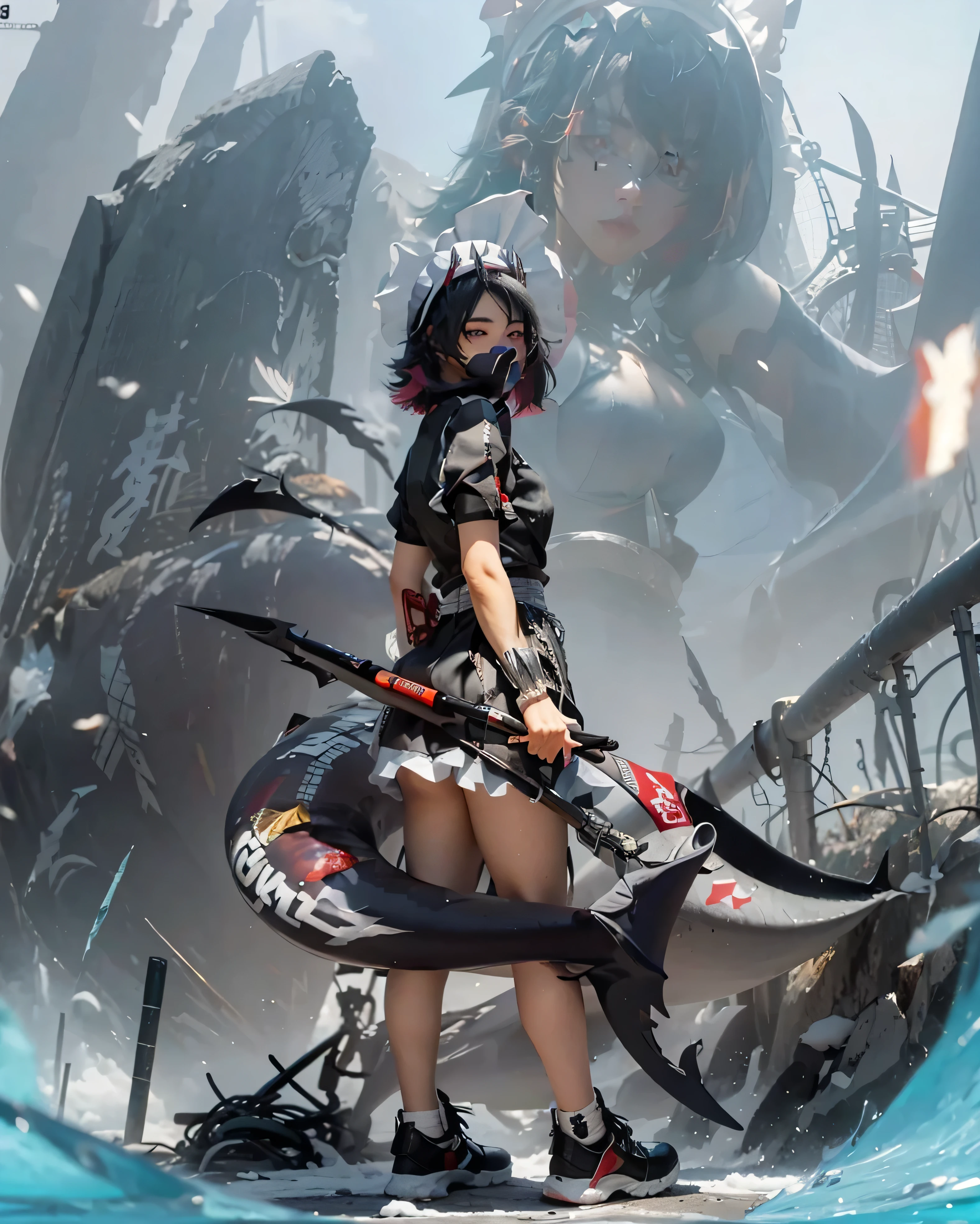 ((ELLEN JOE_ZENLESS ZONE ZERO)),((realistic, photorealistic)),(highlight hair)), Light reflection, (( HD )),((upper body)), (((best quality, masterpiece))), (masterpiece) (best quality) (detail) (8k) (HDR) (wallpaper) (cinematic lighting) (sharp focuasterpiece, best quality: 1.1), Real life adaption of this character, realistic outfit, realistic shadow, realistic light, realism, hyper realistic, realistic background,realistic hair,(photorealistic:1.2), (masterpiece: 1.2), (best quality: 1.3), (clear details: 1.3), ((((ultra-detailed)))), ((detailed eyes)), (extremely detailed face:1.4), (highly detailed eyelash:1.6), masterpiece,best quality,ultra-detailed,very aesthetic,absurdres,score_9,score_8_up,score_7_up,best quality,masterpiece,source_anime,8k,best quality,masterpiece,(ultra-detailed),(high detailed skin),symmetrical,(full body),white background,standing,looking back,(solo),hand on hip, Ellen Joe, maid, shark tail, (shark girl:0.5), 1girl, red eyes, tail, pantyhose, multicolored hair, black footwear, short sleeves, apron, wrist cuffs, maidheaddress, score_9,score_8_up,score_7_up,ellenJoeZzz, 1girl, black hair, breasts, colored inner hair, fingernails, heart, heart hands, large breasts, looking at viewer, maid, maid headdress, mole, mole under eye, multicolored hair, nail polish, red eyes, red hair, red nails, shark tail, short hair, solo, two-tone hair,White smoke background, monster earher, fight, ground breaking, ground fragments,(beautiful_face),((intricate_detail)),clear face,((finely_detailed)),fine_fabric_emphasis,full_shot, hquan,purple eyes,Bangboo, sharkboo, mascot of zenless zone zero,Ice effect, ice crystals, ice power,(perfect hands,perfect anatomy)